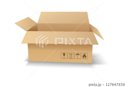 Open cardboard box with safety symbols Open cardboard box with safety symbols 127647839