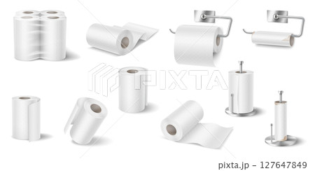 Various Toilet Paper Rolls on Holders and Stands 127647849