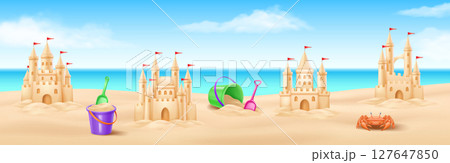 Sandcastle Scene with Beach Toys and Crab 127647850