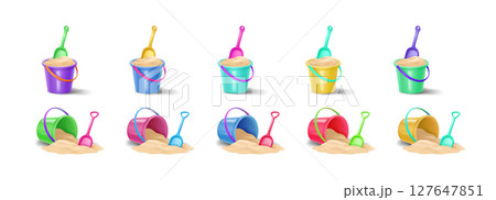 Colorful Sand Buckets and Shovels on White Background 127647851