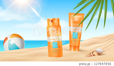 Sunscreen Bottles on Sunny Beach 127647856
