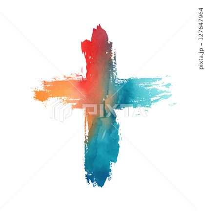 Christian cross vector. colored blotted cross. hand drawn. Not AI, Vector 127647964