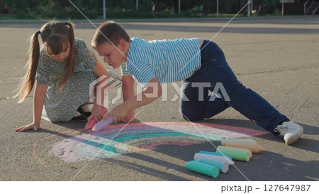 Drawing Rainbows Smiles, Creative Playtime Chalk, Friends Making Outdoor Art, Capturing Colorful Childhood, Imaginative Kids Sunny Day, Chalk Art and Open Skies, Happy Drawing Time Outside, Expressing Drawing Rainbows Smiles, Creative Playtime Chalk, Friends Making Outdoor Art, Capturing Colorful Childhood, Imaginative Kids Sunny Day, Chalk Art and Open Skies, Happy Drawing Time Outside, Expressing 127647987