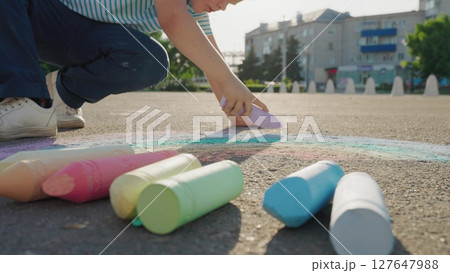 rainbow Kid child baby boy girl happy family, child dream, Boy drawing Earth, chalk art on asphalt, child creativity, environmental education, kid outdoors, planet drawing, summer fun activity, Earth 127647988