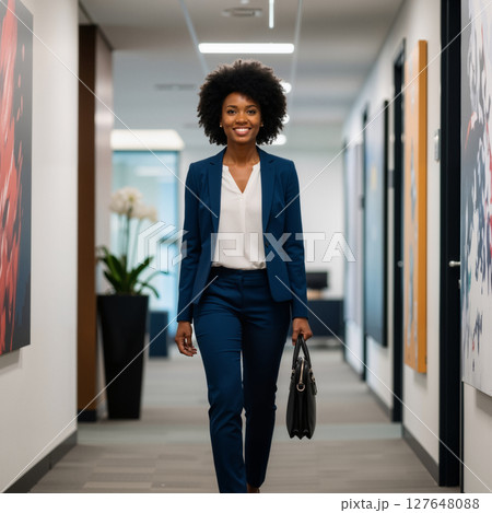 Confident woman walking through office hallway with briefcase. 127648088