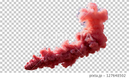 Dramatic red and white smoke cloud billowing against a seamless white background 127648502