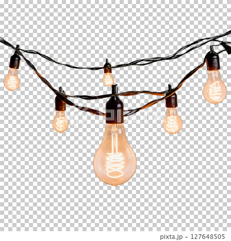 Decorative warm lights hanging in a creative arrangement for evening outdoor ambiance Decorative warm lights hanging in a creative arrangement for evening outdoor ambiance 127648505