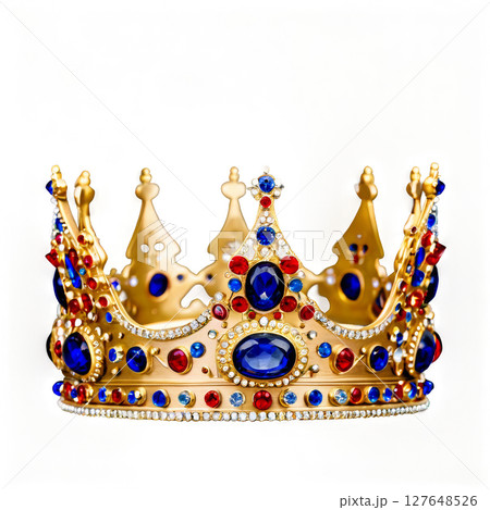 A detailed close-up of a royal crown adorned with sapphires and intricate silver patterns 127648526