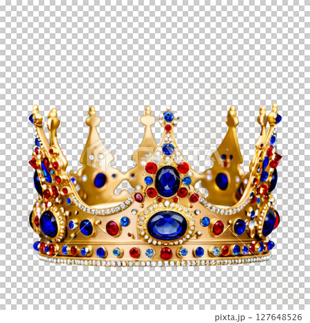 A detailed close-up of a royal crown adorned with sapphires and intricate silver patterns 127648526