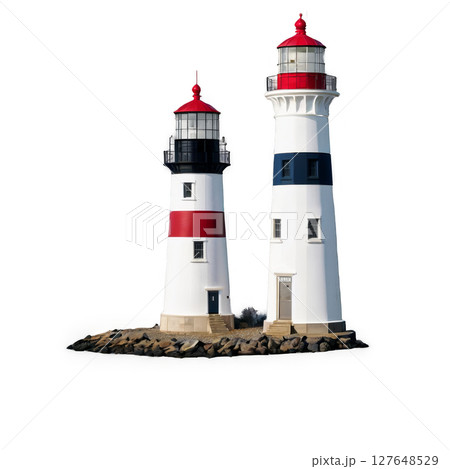 Colorful striped lighthouse standing on a small rocky island under clear blue sky 127648529