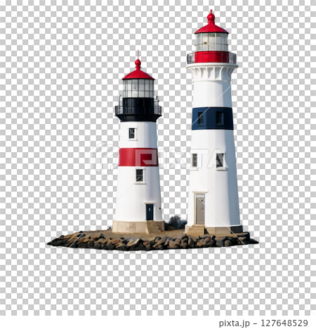 Colorful striped lighthouse standing on a small rocky island under clear blue sky 127648529