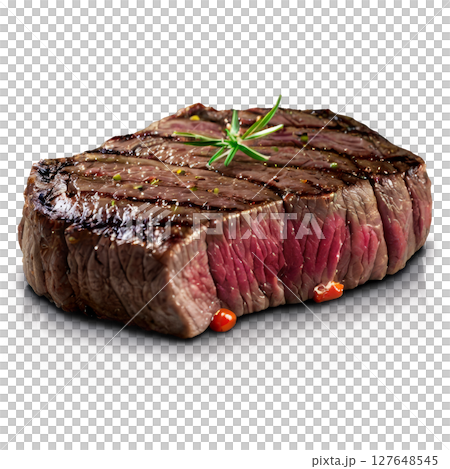 Freshly cut beef steak garnished with herbs on a clean white background 127648545