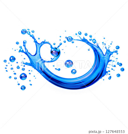 Dynamic splash of blue water creating a circular shape with droplets in a white background 127648553