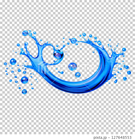 Dynamic splash of blue water creating a circular shape with droplets in a white background 127648553
