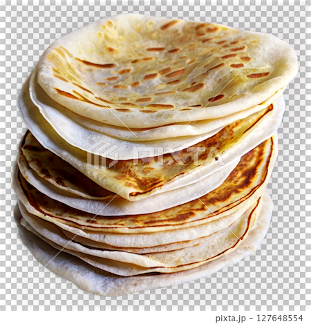 Soft and golden flatbreads stacked on a white surface, ready for serving at a meal 127648554