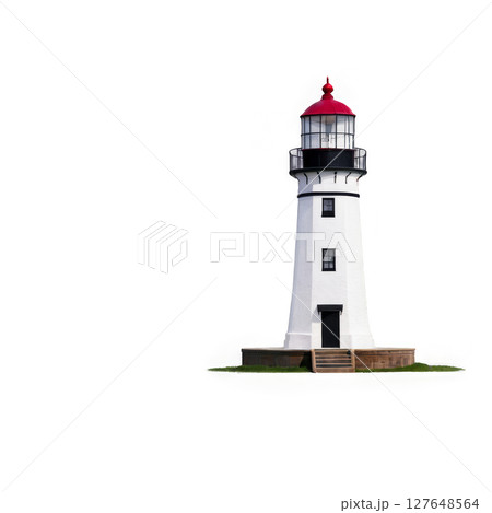 Colorful striped lighthouse standing on a small rocky island under clear blue sky 127648564
