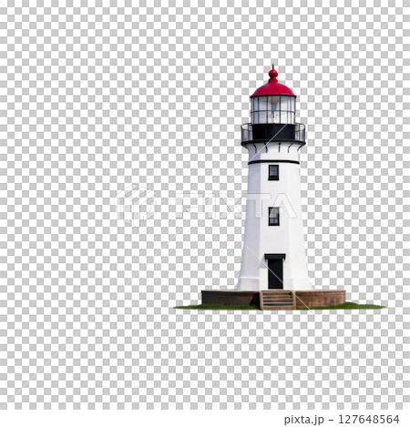 Colorful striped lighthouse standing on a small rocky island under clear blue sky 127648564