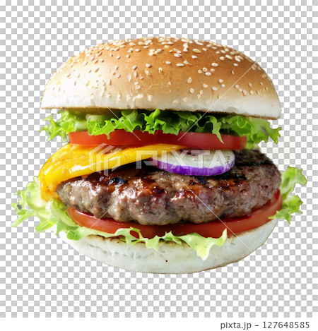 Delicious hamburger with fresh lettuce and tomatoes served on a sesame seed bun 127648585