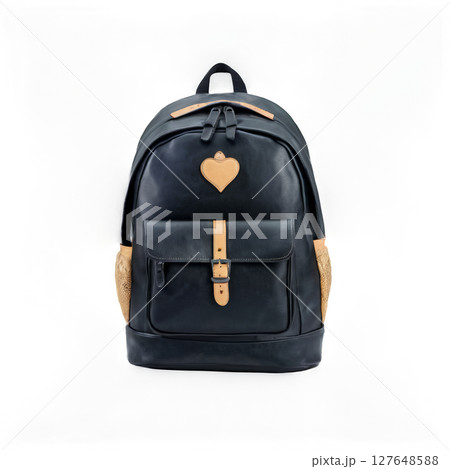 Black backpack with multiple compartments, ideal for school or travel, placed on a plain background 127648588