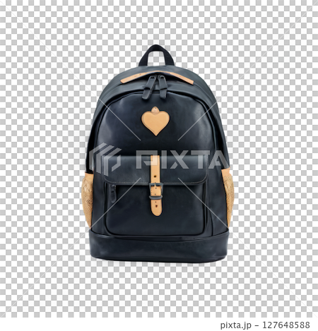 Black backpack with multiple compartments, ideal for school or travel, placed on a plain background 127648588