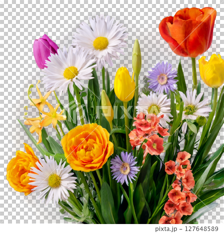 A vibrant bouquet of assorted flowers in a clear vase brightens the room in springtime 127648589
