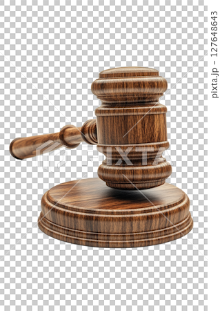 Elegant wooden gavel resting on a smooth white surface suitable for legal proceedings 127648643