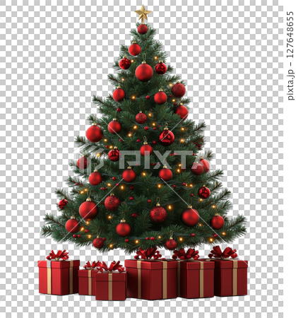 Beautifully decorated Christmas tree with red ornaments and presents beneath, ready for celebration 127648655