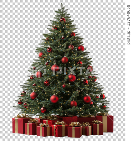 Festive Christmas tree decorated with red ornaments and surrounded by beautifully wrapped gifts 127648658