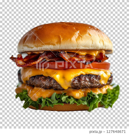 A classic cheeseburger with bacon, lettuce, tomato, and special sauce on a toasted bun 127648671