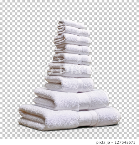 Freshly stacked white towels neatly arranged on a soft surface in a clean space Freshly stacked white towels neatly arranged on a soft surface in a clean space 127648673