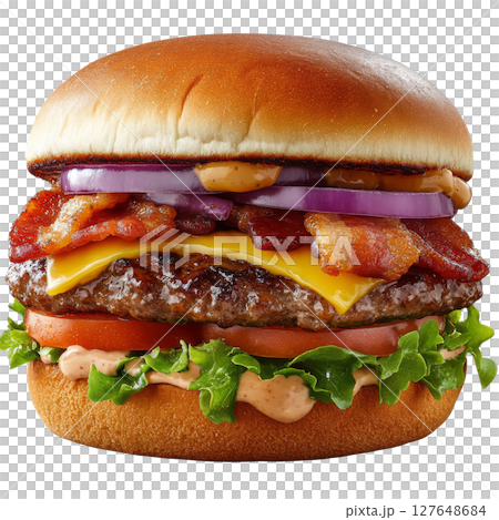 Juicy grilled burger with bacon, cheese, and fresh vegetables on a toasted bun 127648684