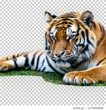 A majestic tiger resting gracefully on a white background showcasing its striking features 127648686