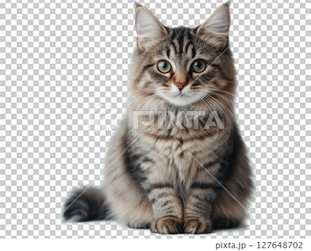 A majestic Maine Coon cat resting on a light surface, showcasing its beautiful fur and bright eyes 127648702
