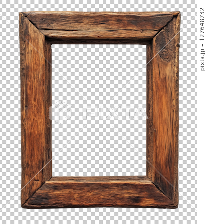 Rustic wooden frame resting on a dark wood background with varying grain patterns 127648732