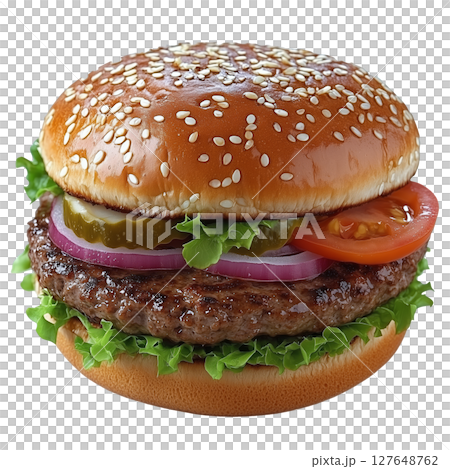 Juicy Sesame Seed Burger With Lettuce, Onion, Tomato, and Pickles on a Toasted Bun 127648762