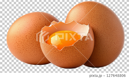 Fresh brown eggs with one cracked open revealing a bright yellow yolk on a white background Fresh brown eggs with one cracked open revealing a bright yellow yolk on a white background 127648806