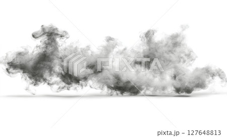 Ethereal gray smoke wisps swirling quietly across a white background 127648813