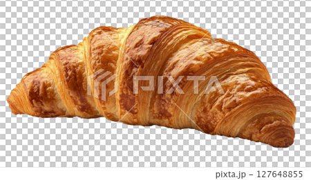Freshly baked croissant resting on a surface, showcasing its flaky layers and golden color 127648855
