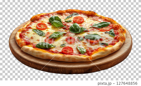 Freshly baked margherita pizza topped with basil and tomatoes on a wooden serving board 127648856