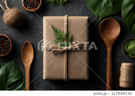 Eco friendly gift box with leaf and jute rope on dark background Eco friendly gift box with leaf and jute rope on dark background 127649110