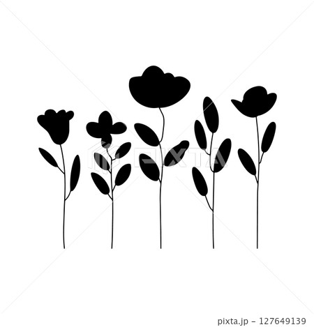 Minimal Flower Composition. Stylized flowers with simplified forms and contrast between black and white for a bold and modern decorative effect. 127649139