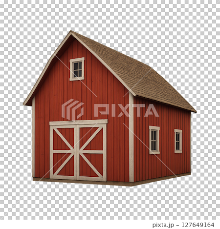 Red Barn With White Accents and Triangular Roof in Rural Setting 127649164