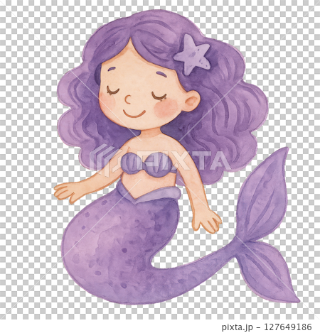 Cute Purple-Haired Mermaid Swimming Happily in an Underwater World 127649186