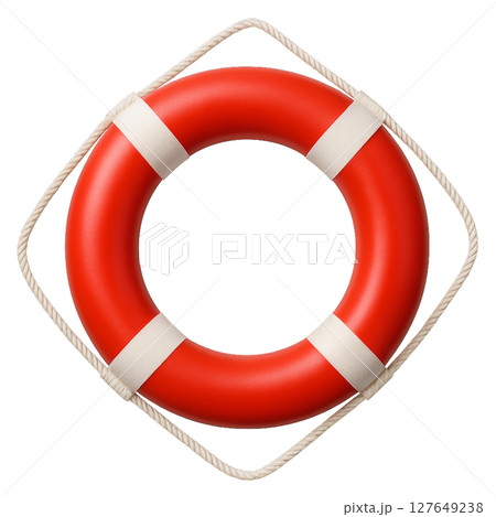 Bright Red Life Preserver Floating on White Background for Safety and Rescue 127649238