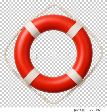 Bright Red Life Preserver Floating on White Background for Safety and Rescue 127649238