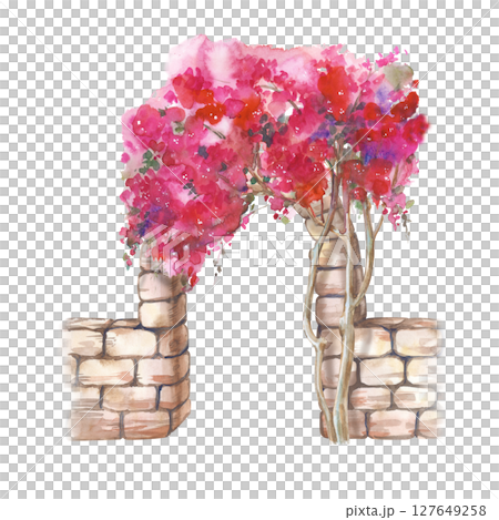 Watercolor composition with a stone arch and a pink Bougainvillea bush, hand-painted. Watercolor illustration isolated on a white background. Traditional Mediterranean architectural elements. Clipart 127649258