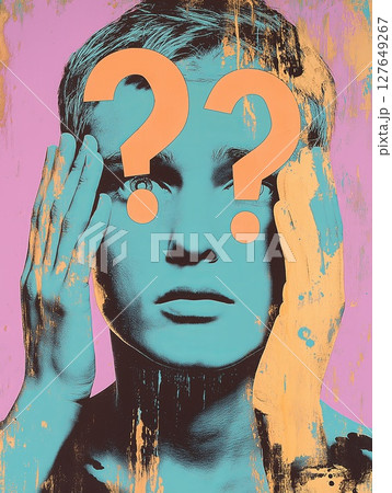 Vibrant artistic portrayal of a person with a questioning expression in a colorful background 127649267