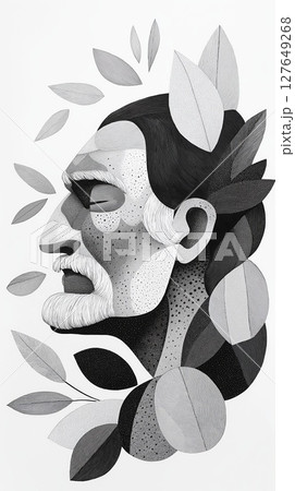 Detailed black and white illustration of an elderly man's profile with leaves in a stylized design 127649268