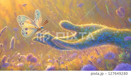 Butterfly perched on a hand in a vibrant flower field at sunset 127649280