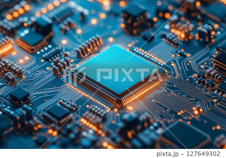 Circuit board with microchip and glowing connections at close range in a technology setting 127649302